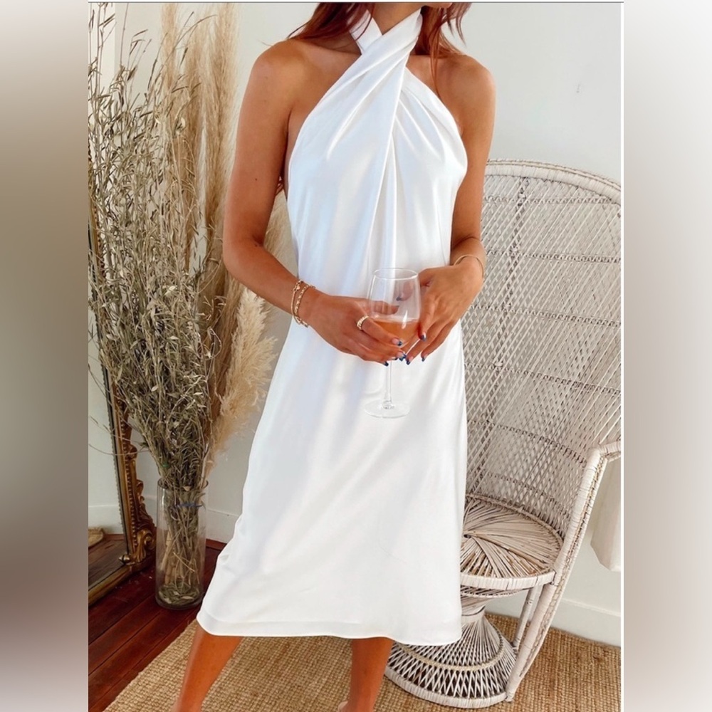 SHOW ME YOUR MUMU Jasmine Halter Midi Dress - Ivory Luxe Satin- Size Small- NWOT